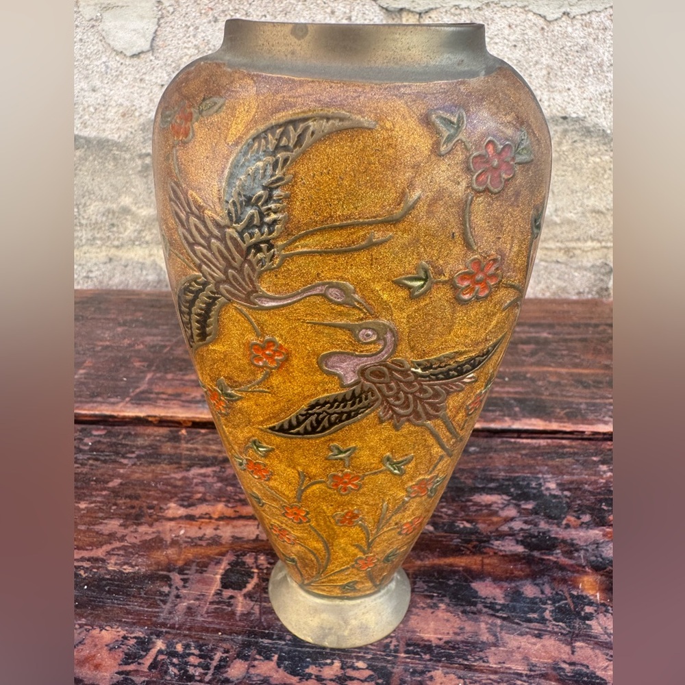 Vintage India Brass Vase Birds Flowers Finish. Rare!  8 INCH.